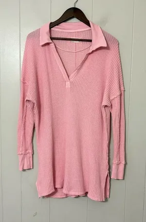 Free People We The Free Travis Waffle Knit Thermal Top Pink XS Oversized thumbnail 1