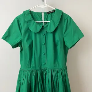 eShakti Cotton Quirky Academia Dainty Peter Pan Collar Fit Flare Dress 10 Green thumbnail 2