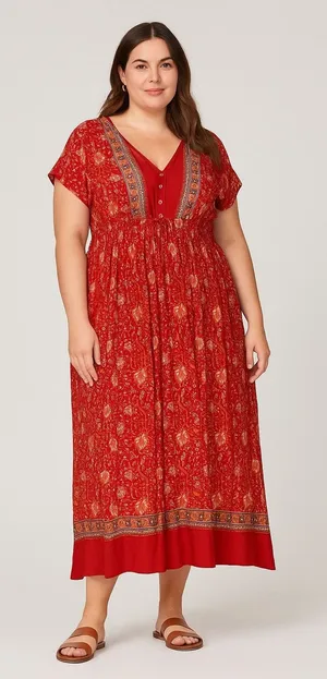 Floral Blooming Red‎ Boho Maxi Dress XXL Empire Waist Button V-Neck Cottagecore thumbnail 1