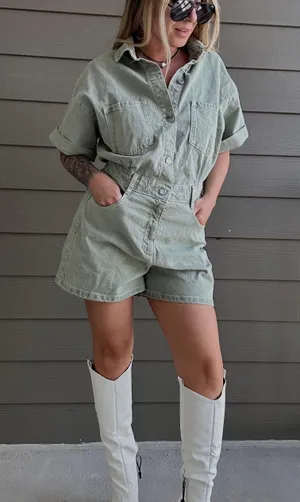 romper jumpsuit denim jeans olive green thumbnail 1