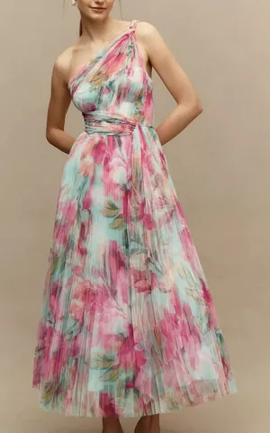 Hutch Philippa One Shoulder Floral Tulle Midi Dress Pink Mint Size 2 NWT thumbnail 1