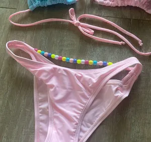 Pastel baby pink blue triangle cut out bead bikini top bottom swimsuit set XS NEW thumbnail 2