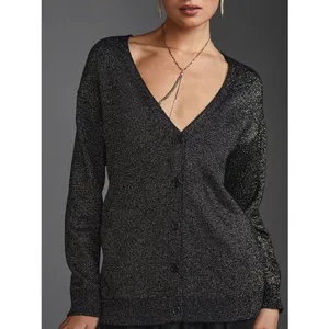 Velvet by Graham & Spencer Lurex Cotton Cashmere Blend Cardigan Black Metallic M thumbnail 3