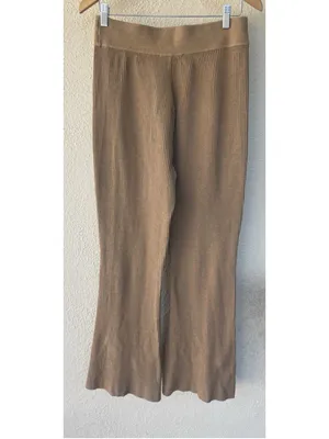 FRAME Camel Ribbed Knit Flare Wide Leg Pants L High Waist Pull On Lounge Stretch thumbnail 5