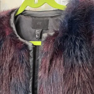 H&M Faux Fur Burgundy + Navy Toned Faux Leather Trim Coat thumbnail 3