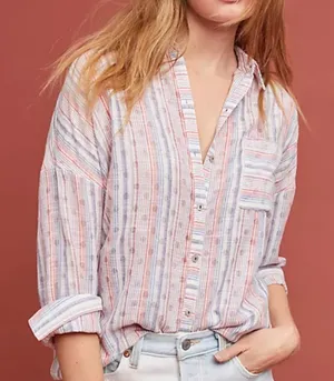Maeve Anthropologie Breckenridge Striped‎ Polka Dot Button Boho Shirt Size S thumbnail 1
