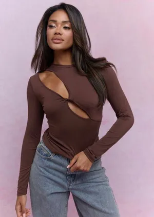 Missguided Brown Long Sleeve Cut-Out Top thumbnail 1