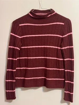 Madewell Merino Wool Alpaca Striped Mock Neck Sweater Burgundy Pink S thumbnail 1