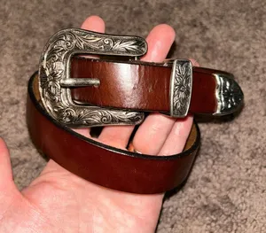 Handmade dark brown leather silver tone floral buckle western belt thumbnail 1