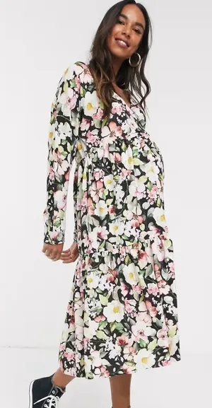 ASOS Maternity NWT Floral Faux‎ Wrap Midi Dress Long Sleeve Size 2 thumbnail 1