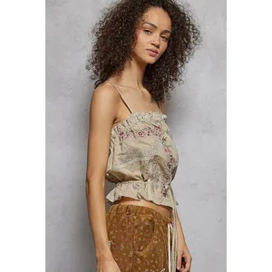 POL Button Down Floral Embroidered Cropped Cami with Lace Detail - Large‎ thumbnail 3