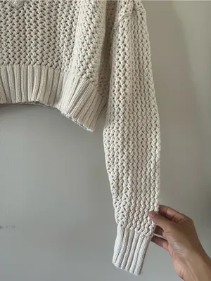 Offline by Aerie Cream Open Knit Cropped V Neck Sweater Small Chunky Coastal thumbnail 4
