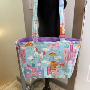 Handmade Quilted‎ Tote Bag Castles Unicorns Fantasy Pink Purple Blue Large Purse thumbnail 6