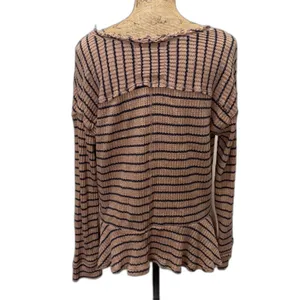 Free‎ People We The Free Auntie Em Top Tan Navy Striped Waffle Peplum Size Large thumbnail 3