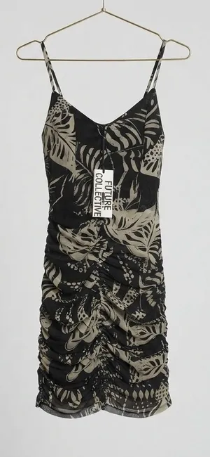 Future Collective Dress Women Small Black Tan Tropical Ruched Mini Alani‎ Noelle thumbnail 1