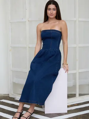 The Workshop Strapless Smocked Denim Midi Dress Dark Denim – Size Medium thumbnail 4