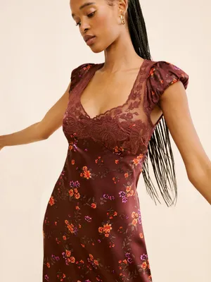 Free People Butterfly Babe Burgundy Floral Satin Lace-Trim Maxi Dress thumbnail 3