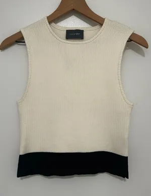 Hudson Gray | Women's Tan Cream Black Ribbed Scalloped Hem Knit Tank Top, M thumbnail 1
