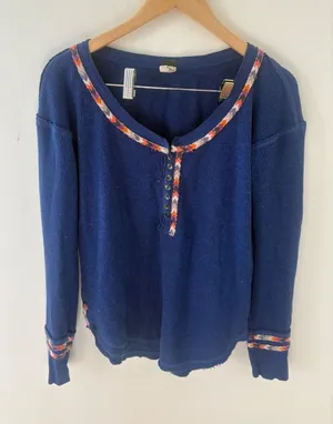 We The Free Free People Blue Waffle Knit Embroidered Henley Thermal Top Small thumbnail 1