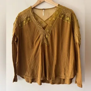 Free People Women's Lola Long-Sleeve Blouse, Mustard Yellow‎ Boho Lace Trim thumbnail 2