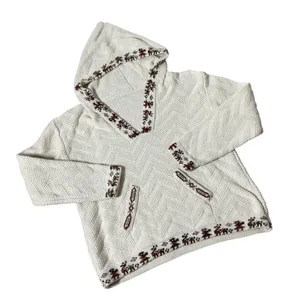 Nordic Fair Isle Reindeer Knit Hoodie Women Medium Cream Chevron Boho thumbnail 1