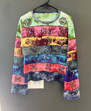 Nepal Cotton Patchwork Tie Dye‎ Long Sleeve Top Om Symbols Boho Hippie Womens L thumbnail 1
