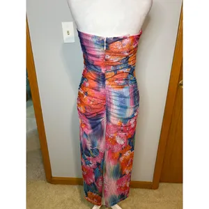 Anthropologie The Soleil Slim Strapless Ruched Mesh Midi‎ Dress Pink Abstract thumbnail 5