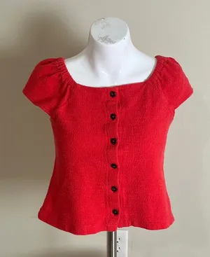 Madewell Texture & Thread Red Smocked Puff Sleeve Button Front Crop Top thumbnail 1