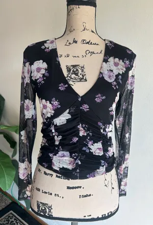 Rebellious Dreamer Ruched Floral Black Top Size Medium thumbnail 1