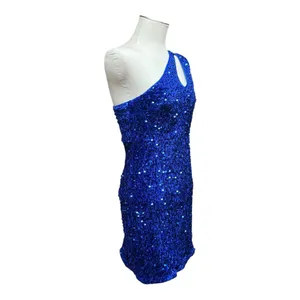 One Shoulder Velvety Sequin Mini Dress Blue Medium thumbnail 7