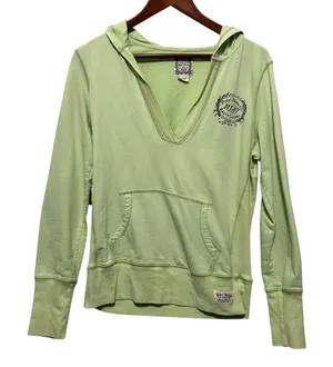 Polo Jeans Womens Y2K Hoodie‎ M Green V Neck Kangaroo Pocket Casual Streetwear thumbnail 1