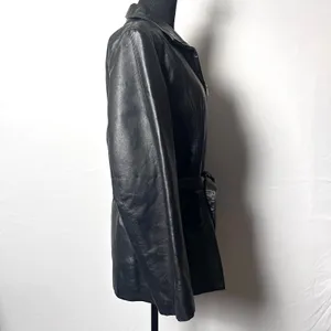 Vintage Outbrook Black Leather Jacket Womens Large Belted Zip Coat 90s thumbnail 3