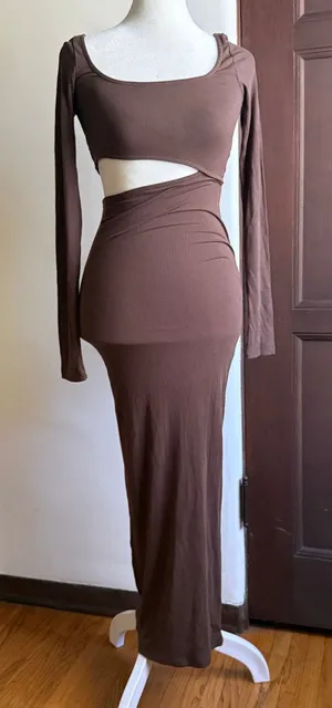 BAYSE | Brown RIbbed Cutout Midi Long Sleeve Dress | Small thumbnail 1