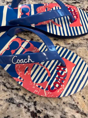 Coach Poppy Navy & Coral Striped Logo Flip Flops thumbnail 2