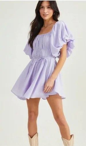 NWT Altar’d‎ State Amabella Puff Sleeve Smocked Waist Lilac Mini Dress Medium thumbnail 1