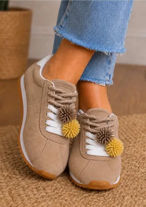 Universal Threads JoJo Beige Suede Pom Pom Sneakers Women’s Size 7 Casual Lace Up thumbnail 1