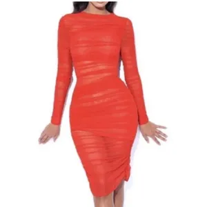 Miss Circle Jimena Red Ruched Mesh Long Sleeve Dress Womens New Medium thumbnail 15