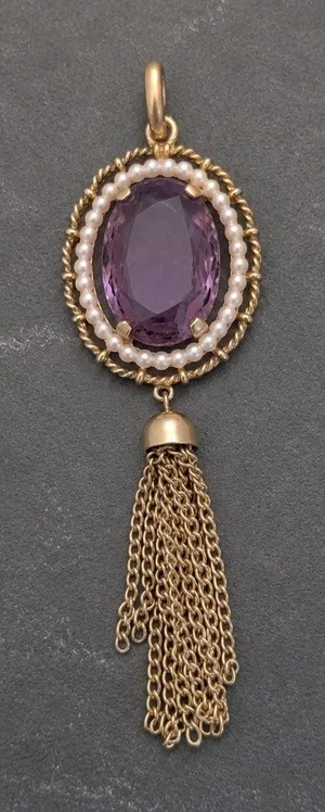 Vintage Avon Royal Elegance Pendant Purple Stone, Gold Tone, Faux Pearl 1970s thumbnail 1