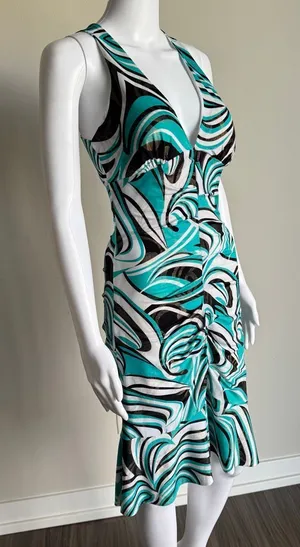 Vitnage Y2K Cache Swirl Print Micro Mesh Shimmer Ruched Dress thumbnail 1
