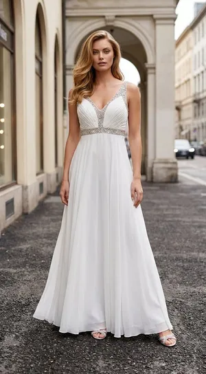 Dave & Johnny White Beaded V-Neck Long Formal Dress thumbnail 1