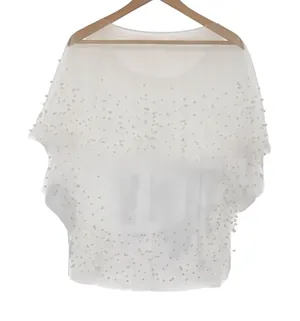 White Sheer Mesh Pearl Embellished Poncho Top Elegant Bridal Layering O/S thumbnail 1