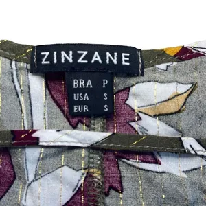 Zinzane Small Green Purple Floral Silver Metallic Stripe V Neck Crop‎ Top Blouse thumbnail 5