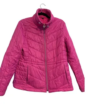 Guess Womens Fuchsia‎ Pink Quilted Puffer Jacket Heart Padlock Zip Size Large thumbnail 1