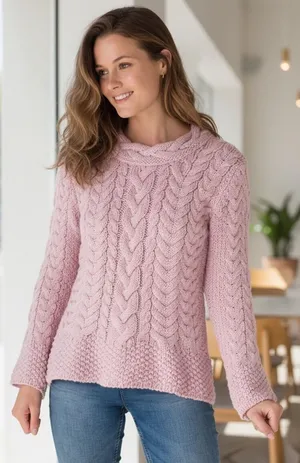 Aran Chunky cable knit Irish wool crew‎ neck size medium Pink thumbnail 1