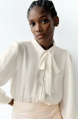 ZARA blouse shirt top satin effect jewel button neck bow thumbnail 1