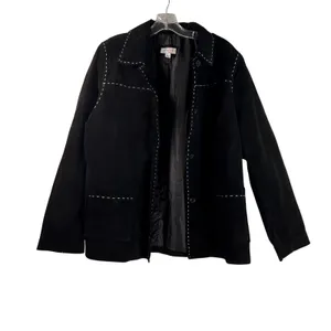 Denim & Co Black Suede Leather Whipstitch Button Front Jacket Coat Large L thumbnail 4
