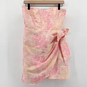Storia Pink Gold Brocade Strapless Mini Dress Lace Up Back Bow HD2060 Large‎ thumbnail 4