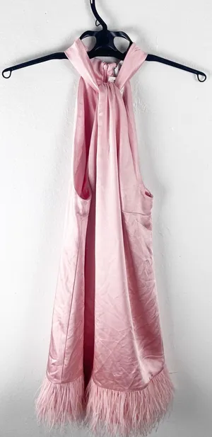 ELLIATT Rachel Peach Feather Trim Halter Top Mini Dress Size Medium Shabby Chic thumbnail 1