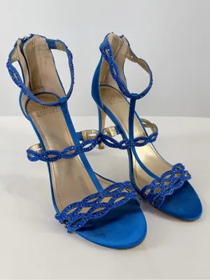 Belle Badgley Mischka Cobalt Blue Beaded Satin T-Strap Heels‎ Size 7 thumbnail 1
