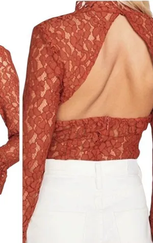Endless Rose Bodysuit Women Small Orange Lace Cutout‎ Back Long Bel Sleeve NWT thumbnail 1